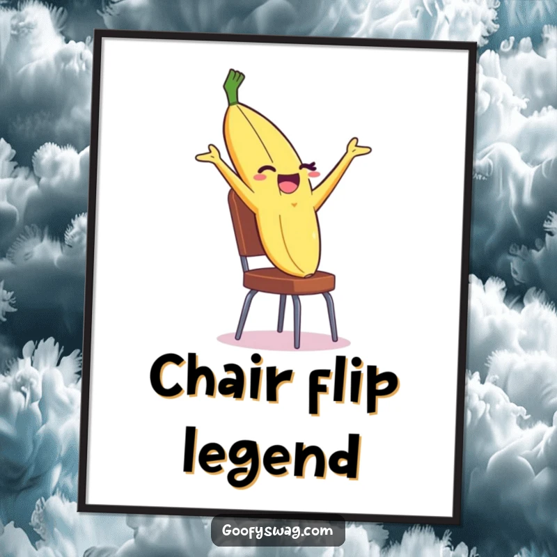 Funny Banana Peel Poster of a winking peel performing a dramatic backflip off a chair, adding dynamic comedic energy.