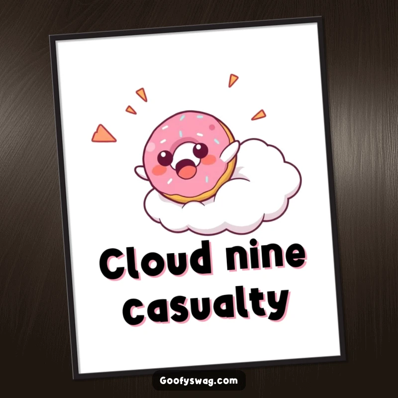 Funny Donut Falling Poster displaying a surprised donut character falling from a cloud with a happy yelp, adding humorous and sweet decor to walls.