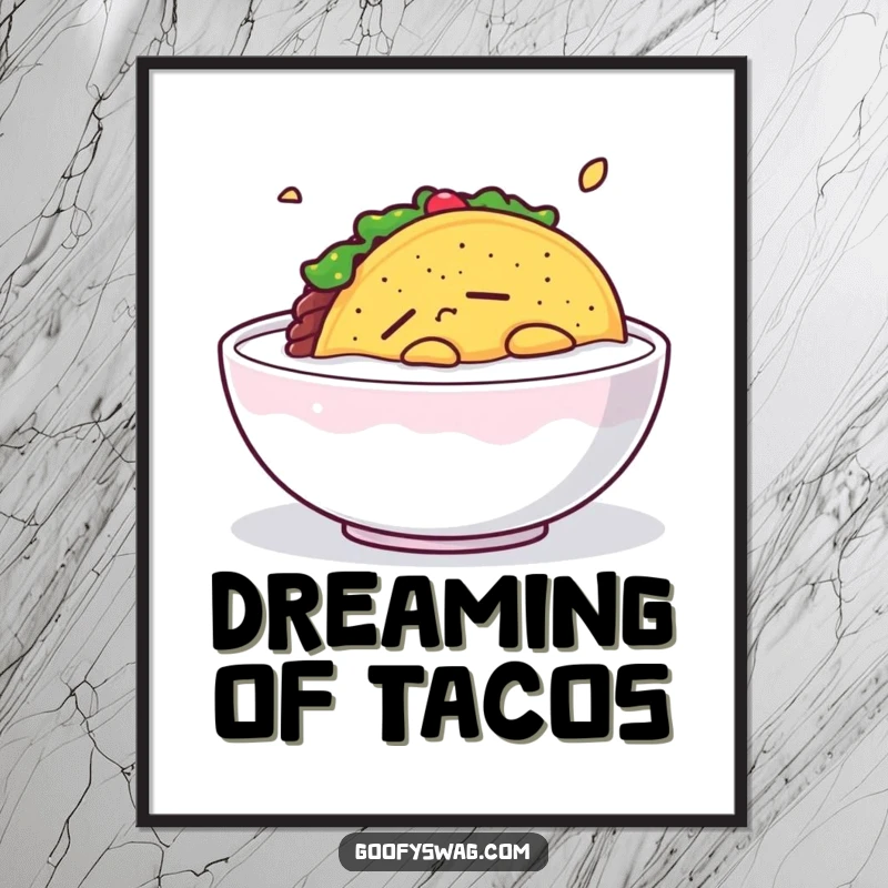Funny Sleepy Taco Poster: A serene illustration of a sleepy taco floating in a bowl of milk, evoking peace and humor.