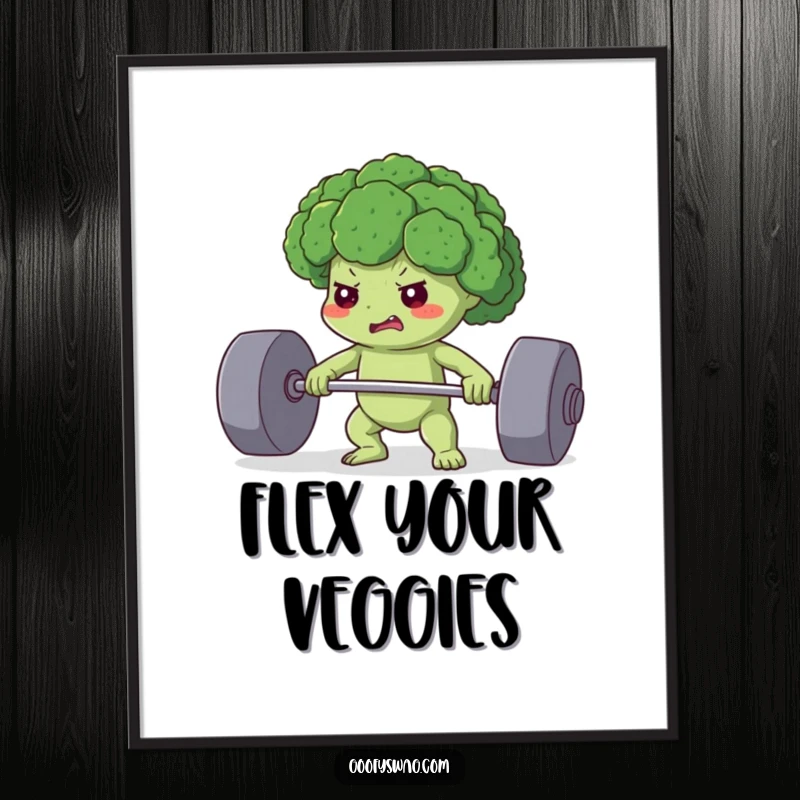 Funny poster featuring a determined broccoli floret lifting a heavy weight, offering a humorous and motivational piece of wall art.