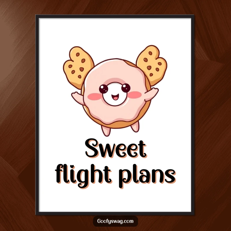 Funny Donut Poster of a blushing donut with cookie wings, trying to fly, adding a touch of sweet fantasy.