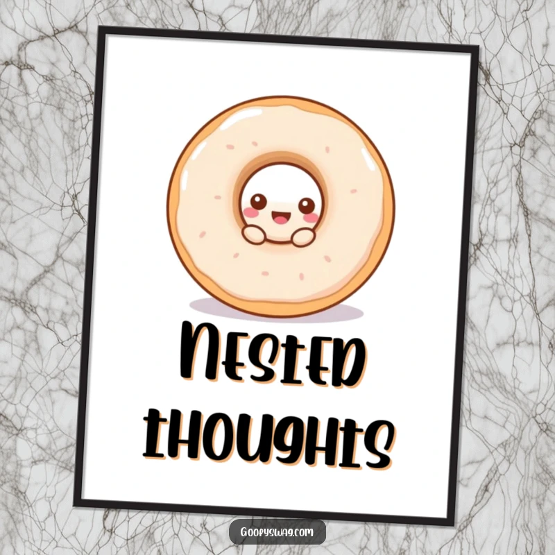 Funny doughnut poster depicting a curious doughnut peeking from a larger one, a whimsical piece of food-themed wall art.