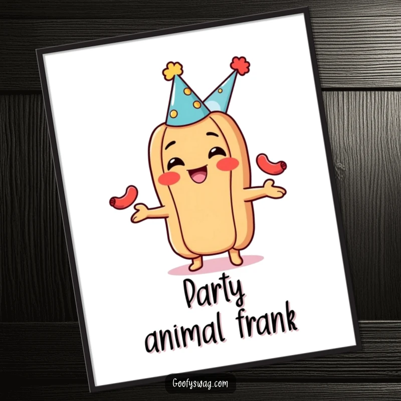 Funny hot dog poster, wearing a party hat and juggling tiny sausages with a cheerful expression. Festive and humorous wall art.