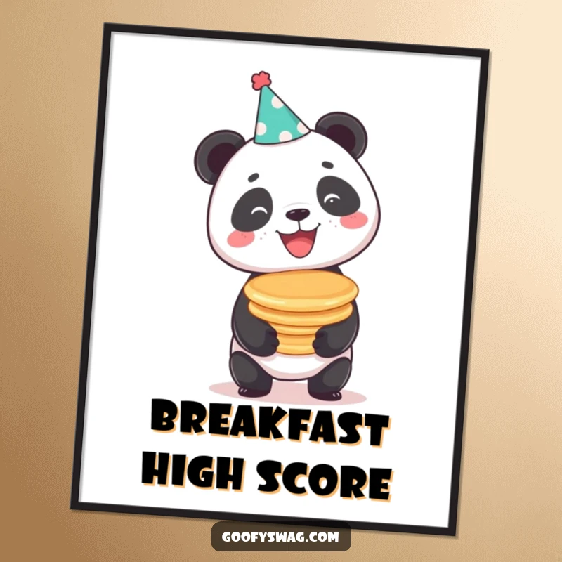 Funny beaming panda wearing a party hat, comically balancing pancakes, a humorous and cheerful poster for wall decoration.