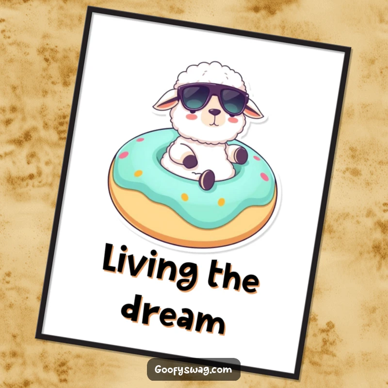 Funny poster art of a fluffy sheep in sunglasses lounging on a giant donut float, representing humorous relaxation and carefree vacation vibes.
