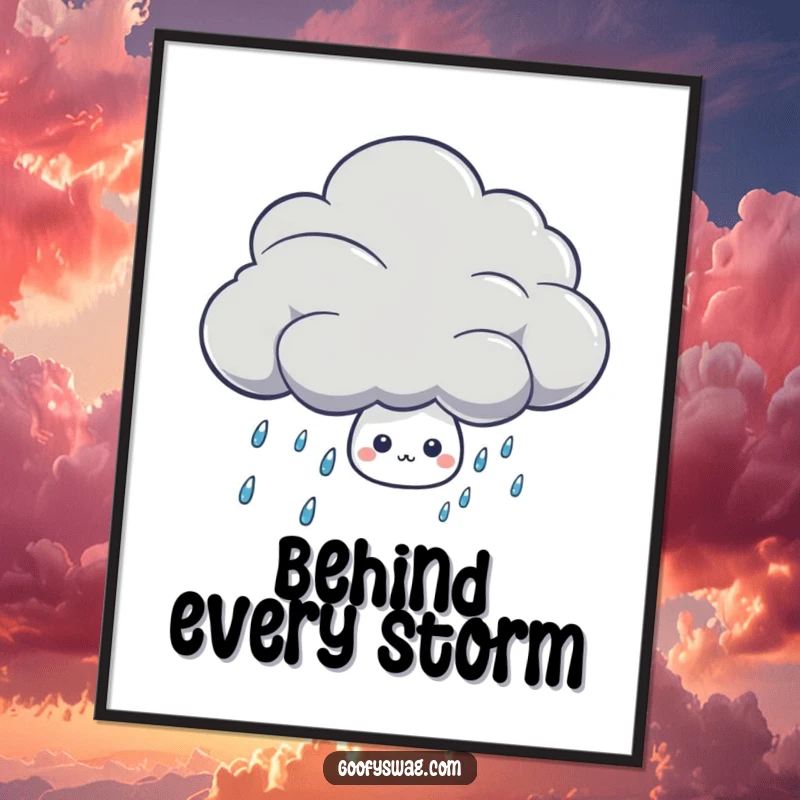 Funny shy rain drop character peeking from behind a large thunder cloud, displayed as a beautiful art print.