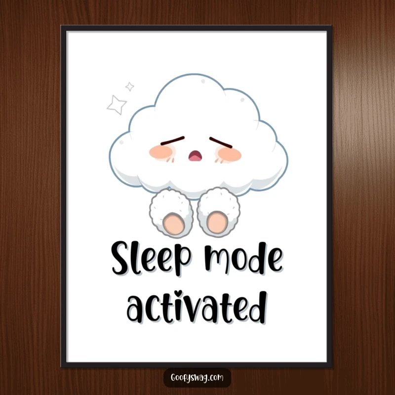 Funny sleepy cloud wearing fuzzy slippers and yawning, a serene and humorous poster art print perfect for bedrooms and relaxation spaces.