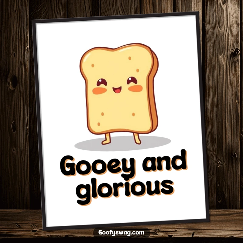 Funny poster art of a proud grilled cheese sandwich posing dramatically under a warm spotlight, radiating cheesy appeal.
