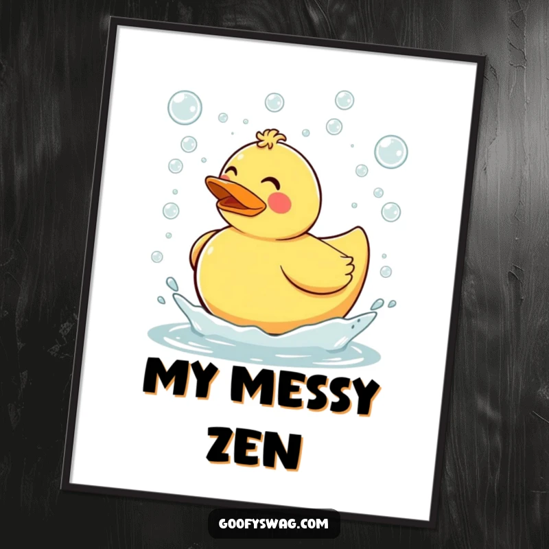 Funny clumsy rubber duck tripping and sending bubbles flying everywhere, a whimsical poster art print that brings cheerful energy and bath time humor.