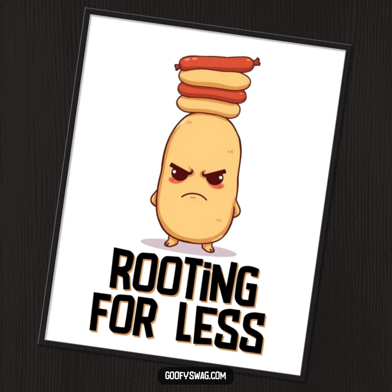 Funny grumpy potato poster, showing a potato with a comical frown balancing a tall stack of hot dogs on its head. Quirky decor.