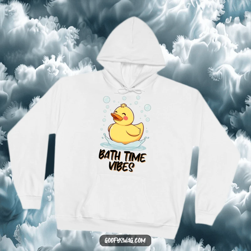 Funny clumsy rubber duck tripping and sending bubbles flying everywhere, a cozy hoodie design that combines warmth with bubbly humor and playful charm.