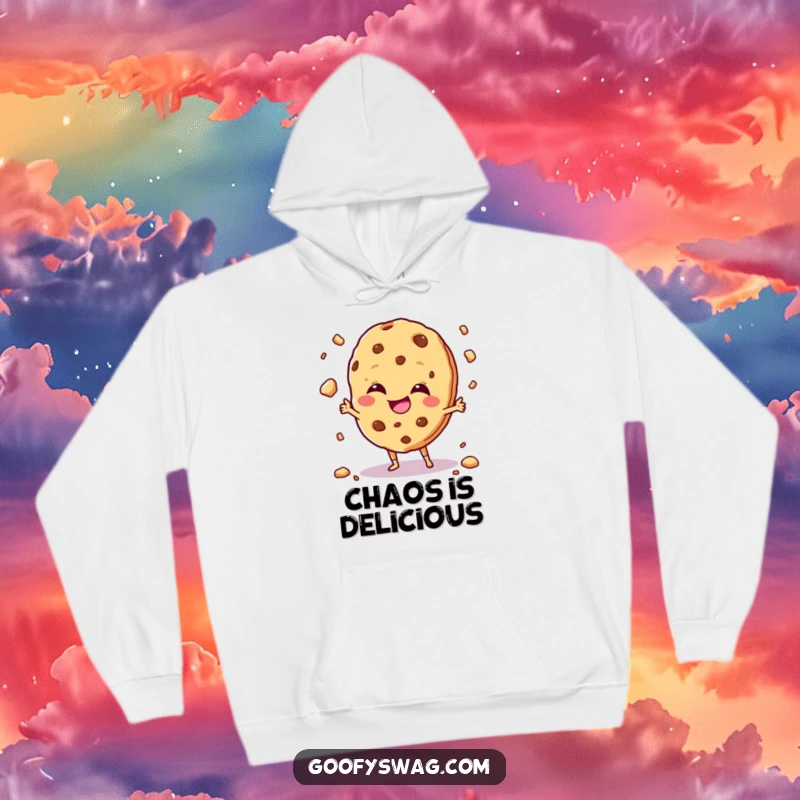 Funny giggling cookie character juggling crumbs with a mischievous grin, on a warm and humorous hoodie.