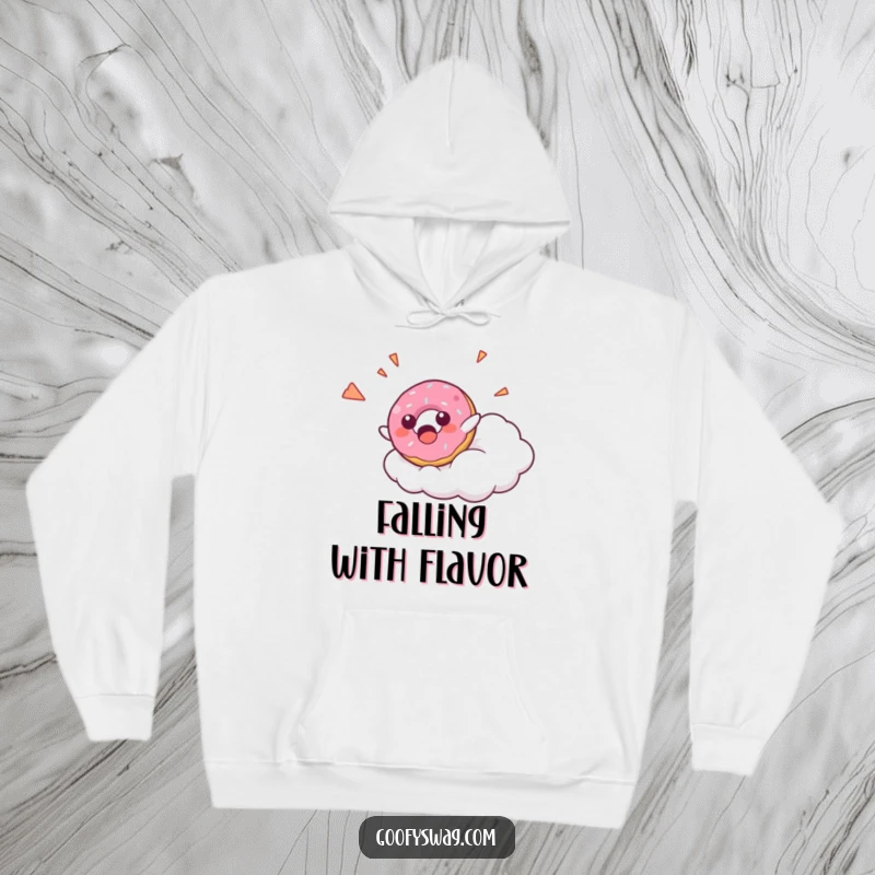 Funny Donut Falling Hoodie featuring a surprised donut character falling from a cloud with a happy yelp, perfect for cozy moments of humor.