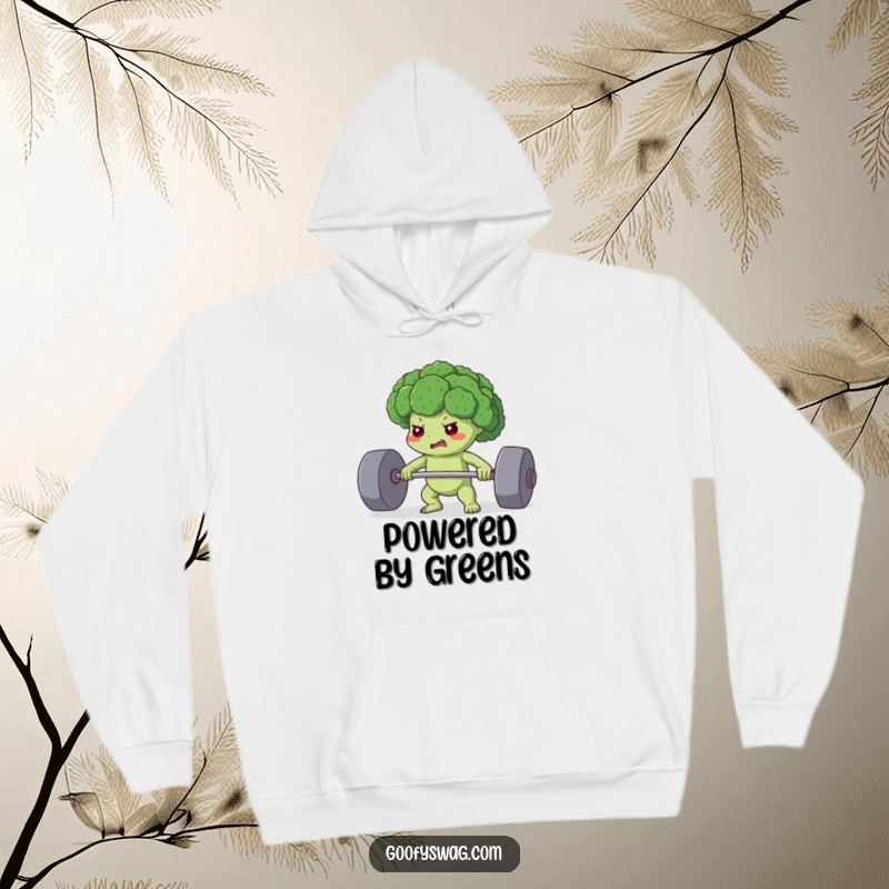 Funny hoodie with a determined broccoli floret lifting a heavy weight, symbolizing power, perseverance, and a healthy lifestyle.