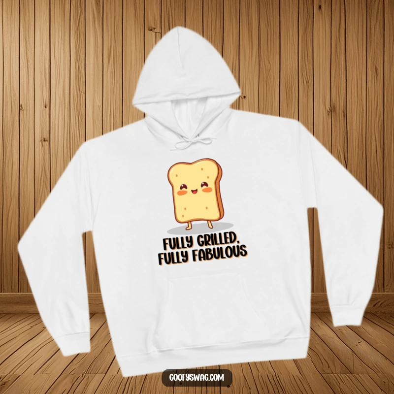 Funny hoodie with a proud grilled cheese sandwich dramatically posing in a spotlight, offering cozy and cheesy vibes.