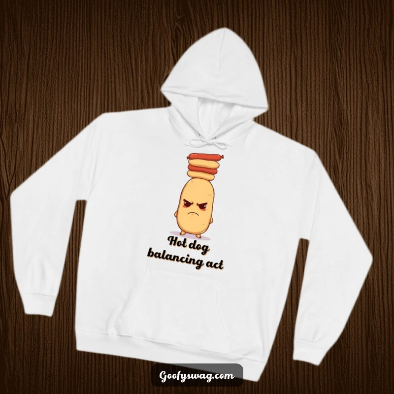 Funny grumpy potato hoodie, depicting a potato struggling to balance a precarious stack of hot dogs on its head. Warm and humorous.