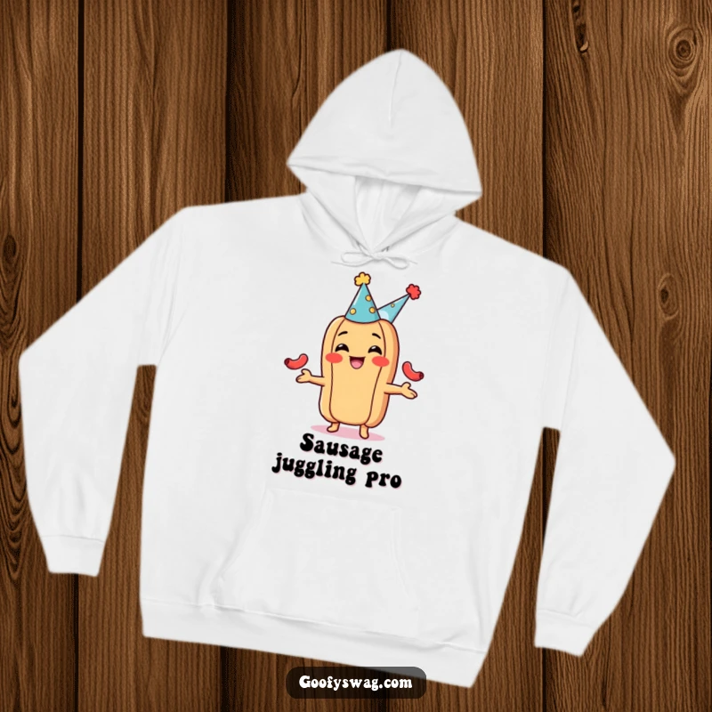 Funny hot dog hoodie, wearing a party hat and juggling tiny sausages. Cozy apparel perfect for celebrations and humorous occasions.