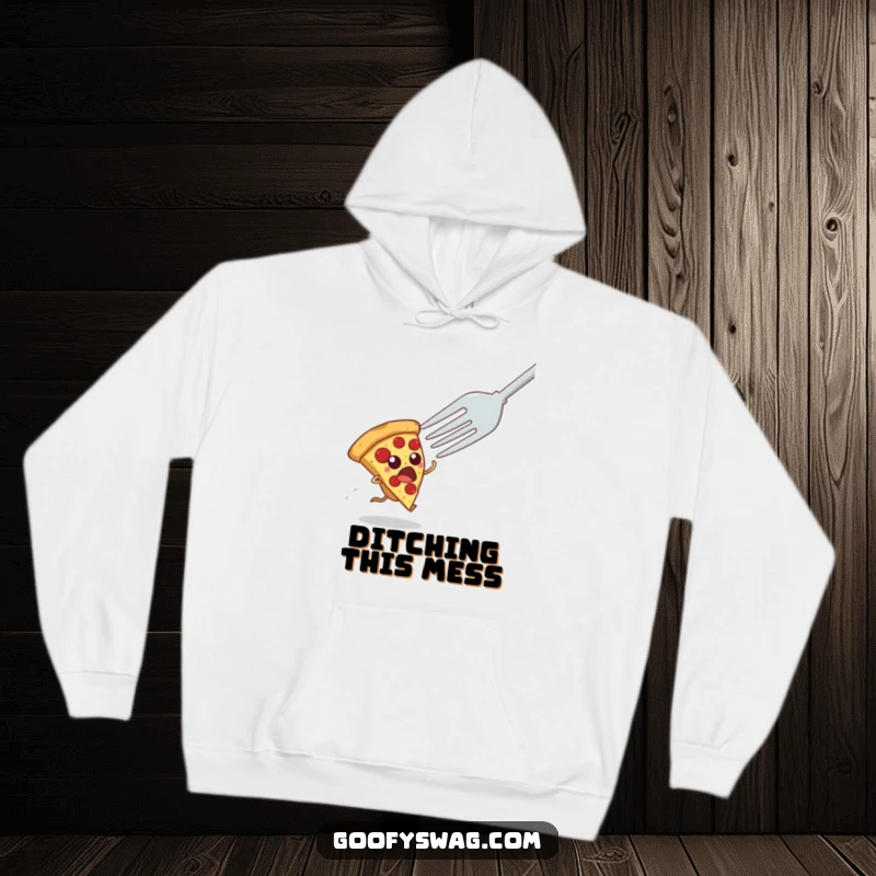 Funny hoodie illustration of a scared pizza slice running away from a huge fork, a humorous depiction of a culinary close call.