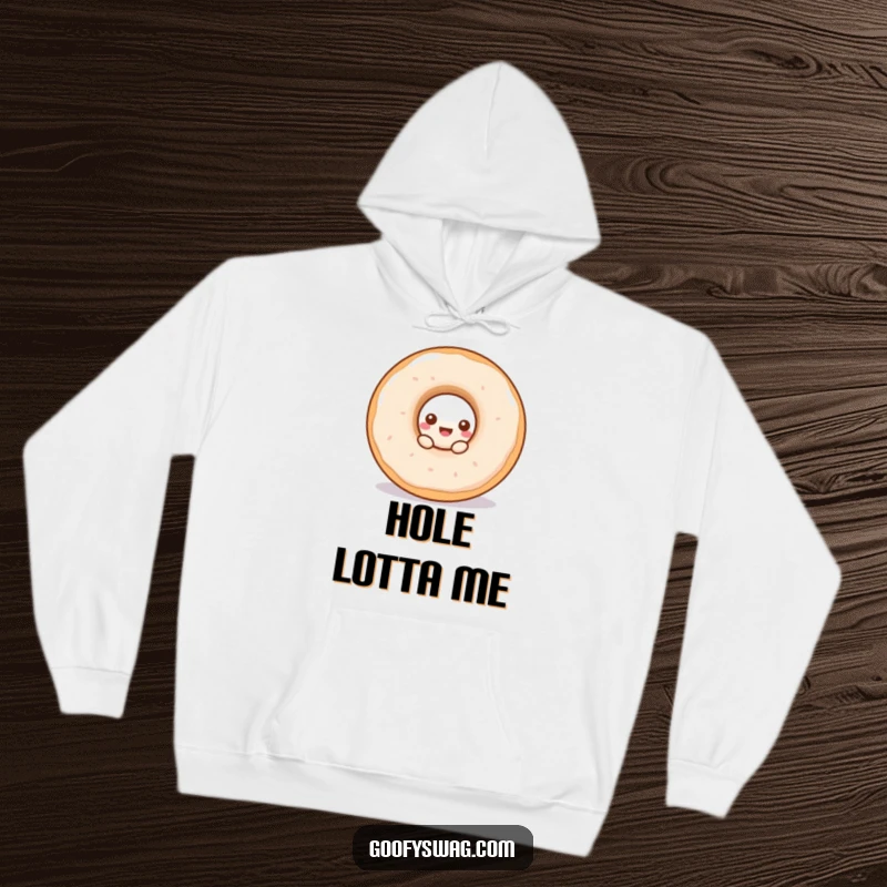 Funny doughnut hoodie showing a curious doughnut peeking from the center of another, a cozy and humorous apparel design.