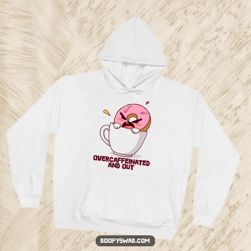Funny hoodie illustrating a grumpy donut in a high-speed escape from a coffee mug, a humorous and cozy apparel choice.