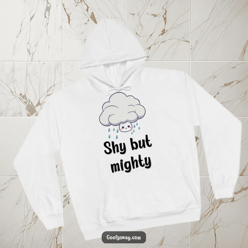Funny shy rain drop character peeking out from behind a big storm cloud on a warm, comfortable hoodie.