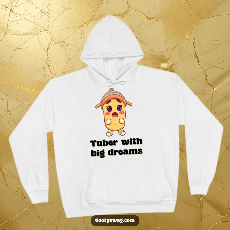 Funny Hoodie featuring a surprised potato character sporting a propeller beanie and mismatched socks, radiating playful energy.