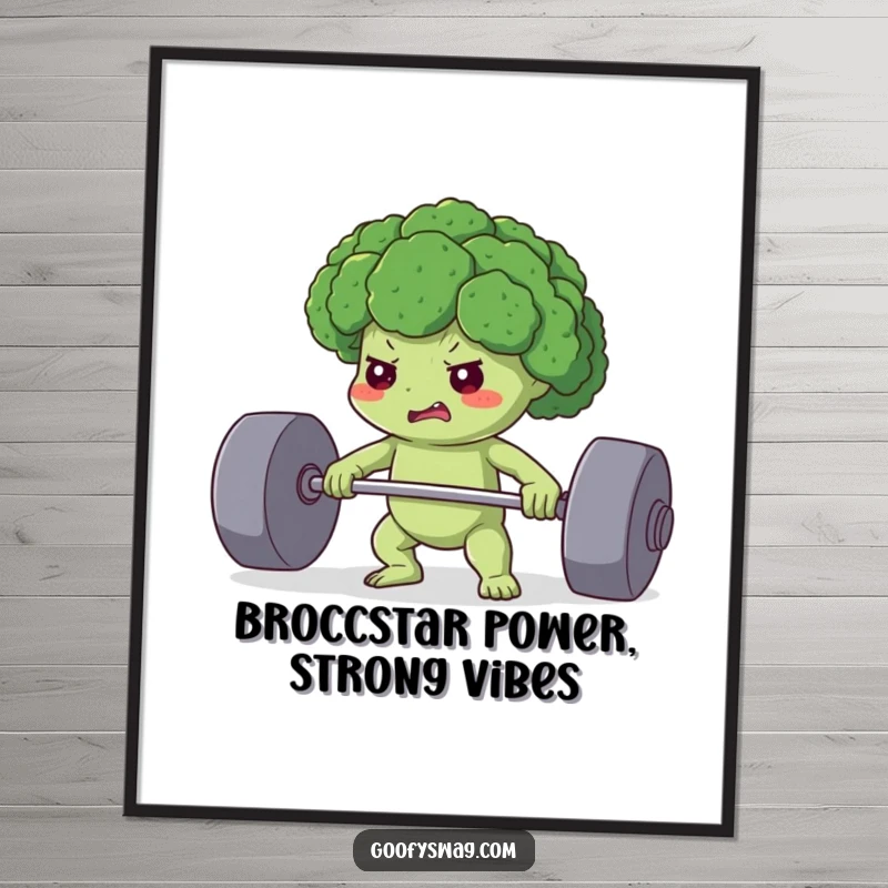 Funny Free Printable Wall Art: A determined broccoli floret flexing its tiny muscles while lifting an impressively heavy weight.