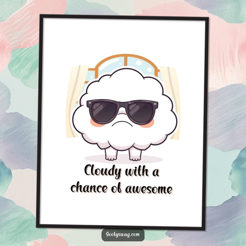 Funny Free Printable Wall Art, a grumpy cloud attempting to wear sunglasses indoors, creating a comically relatable and moody scene.