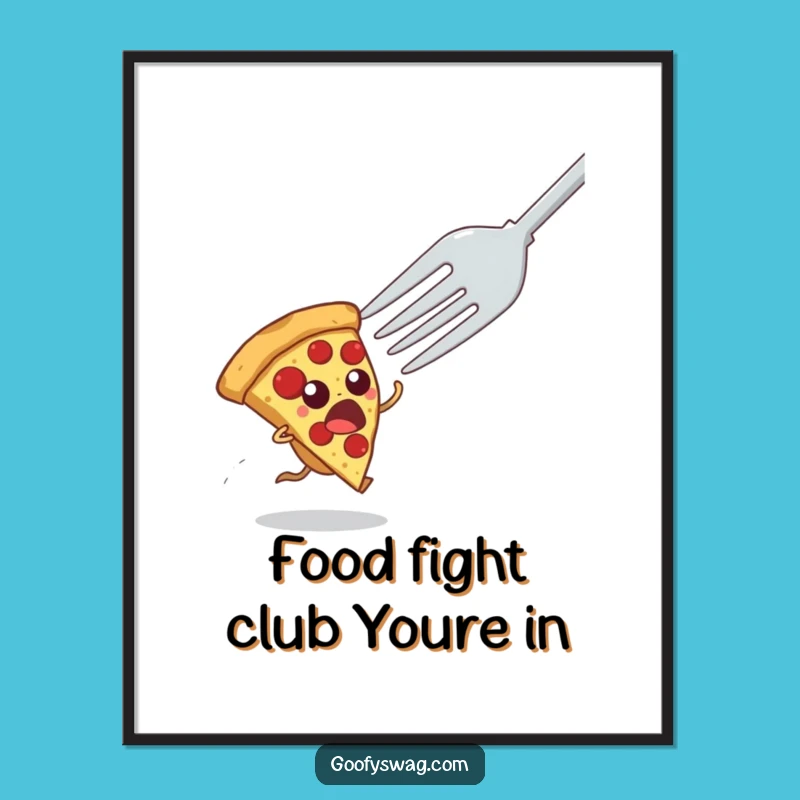 Funny Free Printable Wall Art: Startled Pizza Escapes Fork, Downloadable Quirky Home Decor