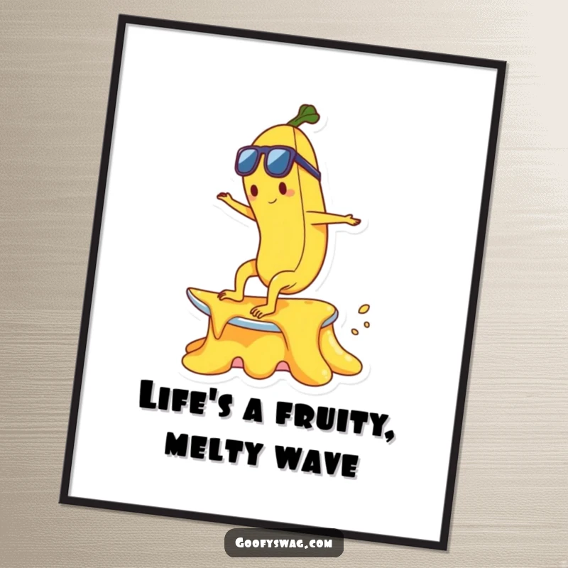 Funny Free Printable Wall Art: Happy banana character surfing a melting ice cream cone, tropical, fun decor.