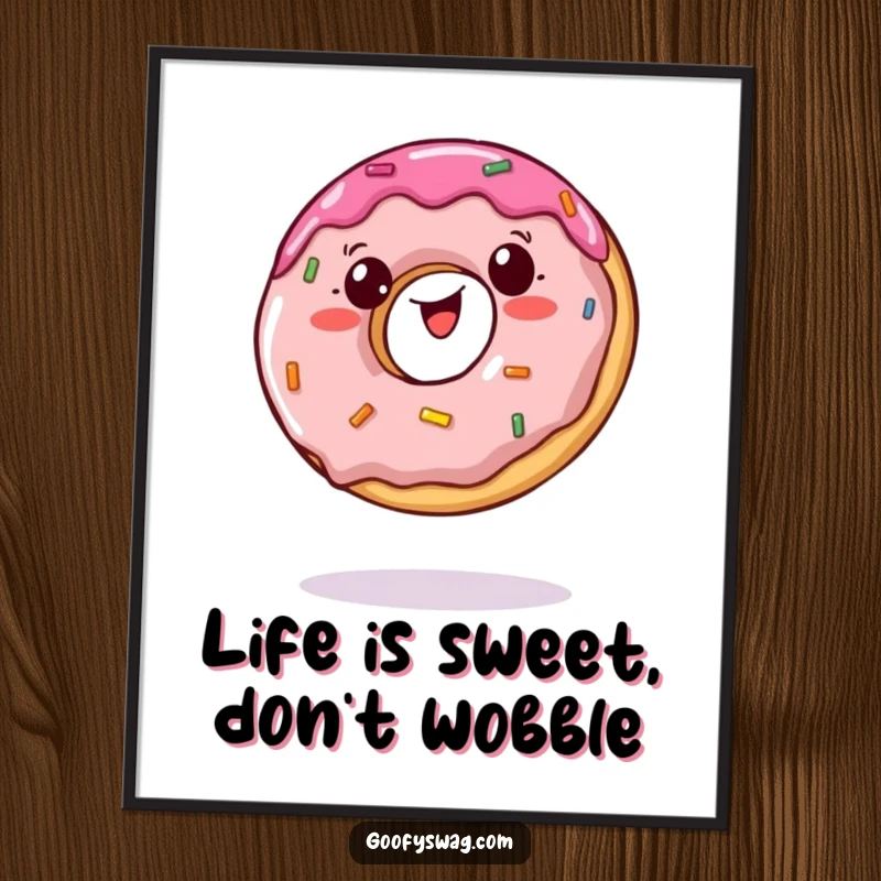 Funny Free Printable Wall Art: A wobbly jelly doughnut comically tries to balance on a single bite.