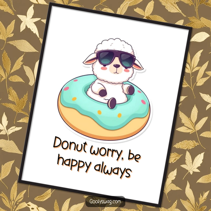 Funny free printable sheep art featuring a fluffy sheep wearing sunglasses, lounging on a giant donut float.