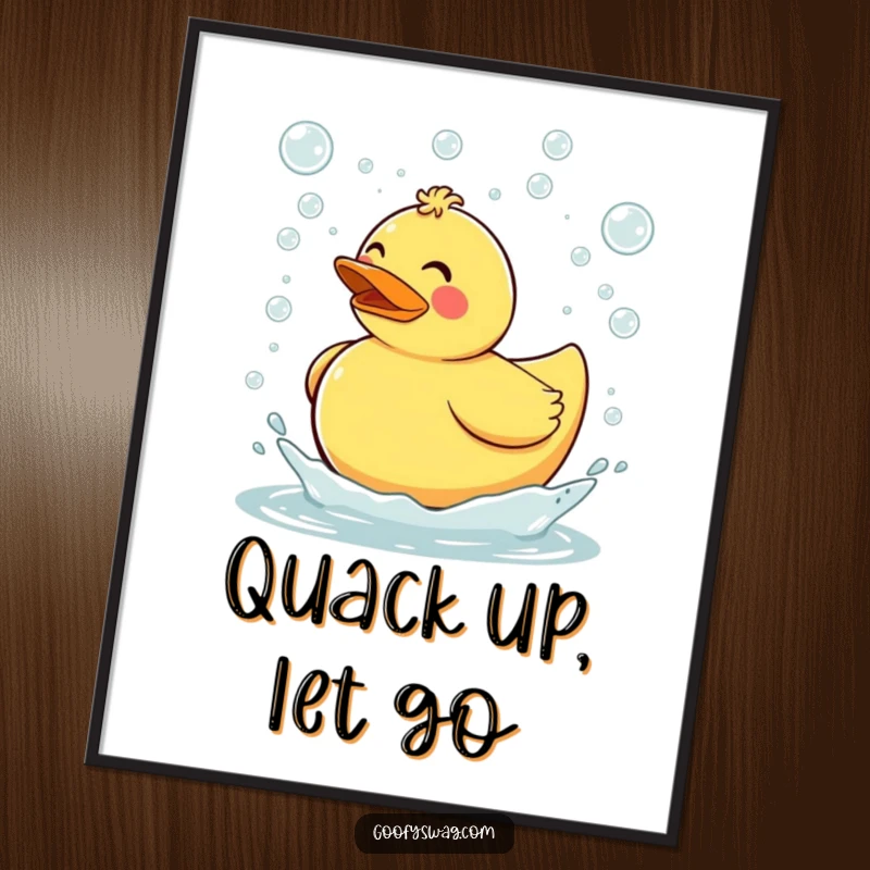 Funny Free Printable Wall Art: Clumsy rubber duck tripping, sending a delightful cascade of bubbles.