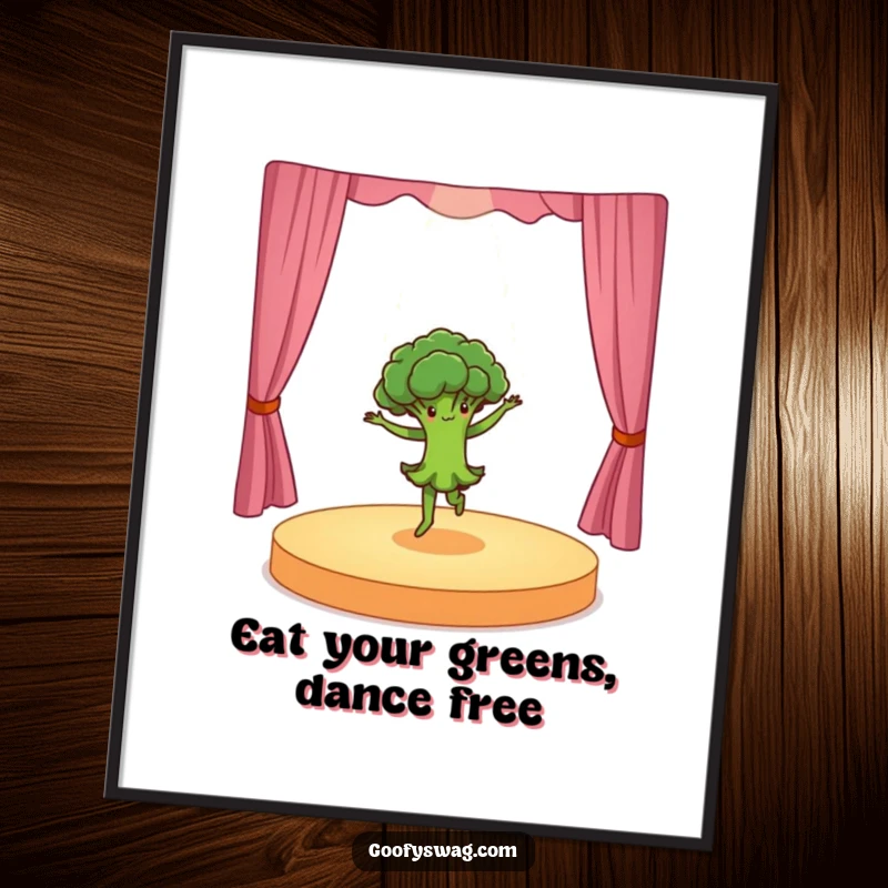 Funny Free Printable Wall Art: Dancing broccoli doing a dramatic pirouette on a miniature stage.