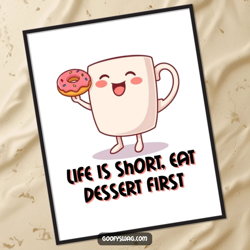 Funny Free Printable Wall Art: A coffee mug dancing mid-air, perfectly balancing a tiny donut on its rim.