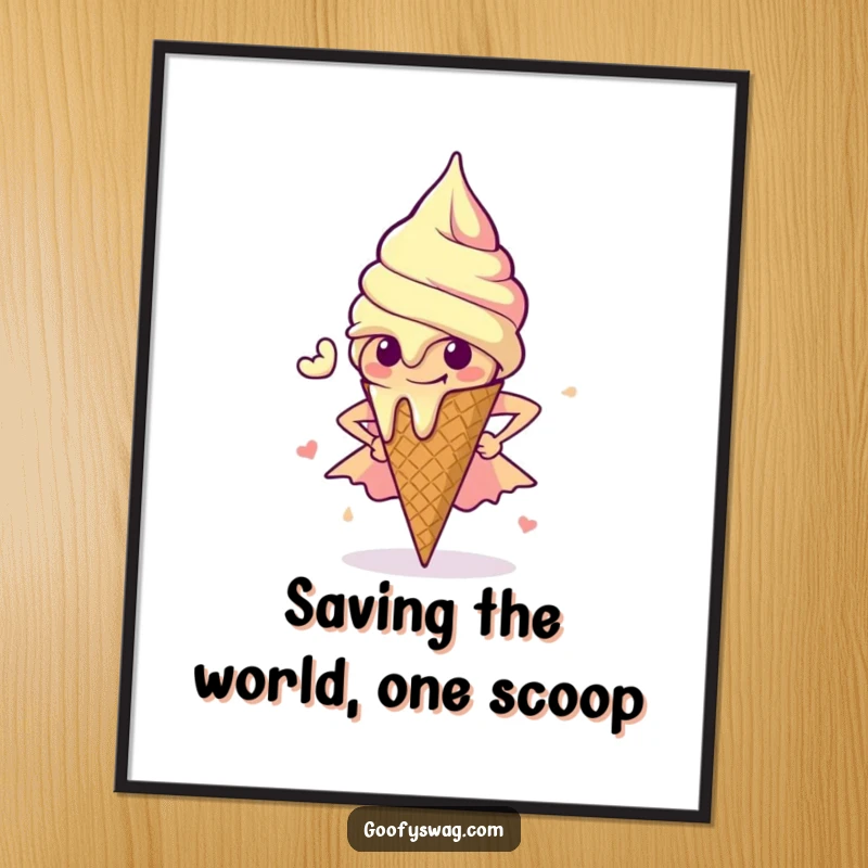 Funny Free Printable Wall Art: A melting ice cream cone striking a dynamic superhero pose with determination.