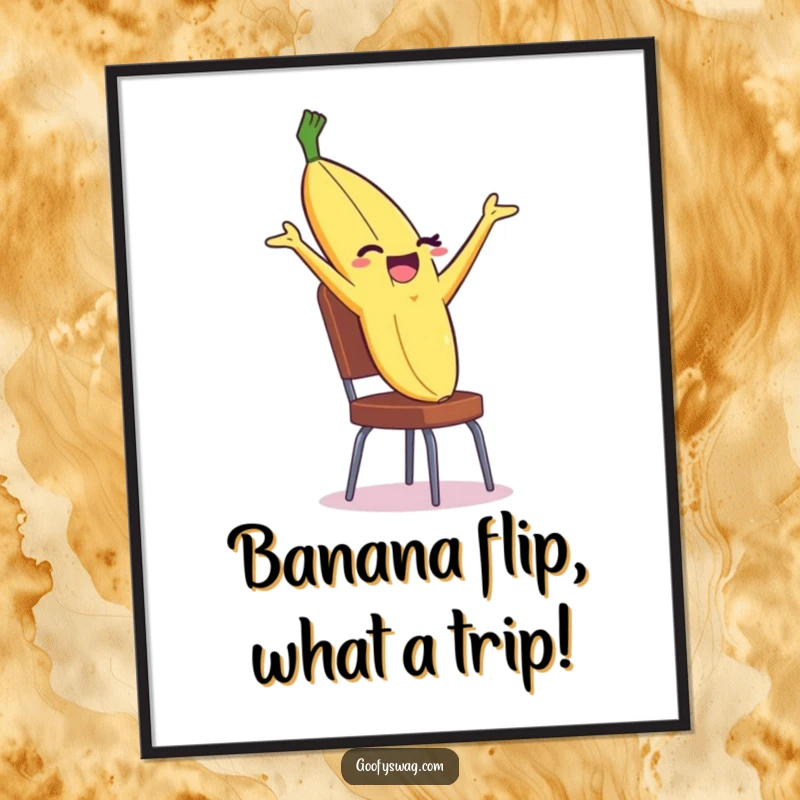 Funny Free Printable Wall Art: A winking banana peel doing a dramatic backflip off a chair, a dynamic and humorous piece.