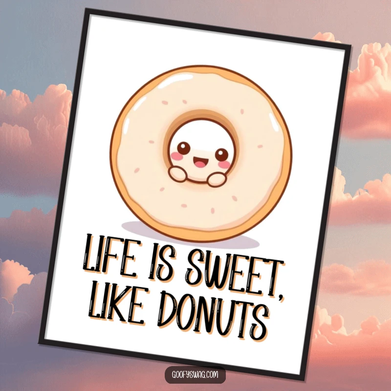 Funny Free Printable Wall Art: A curious small doughnut peeking out from a larger doughnut, whimsical decor.