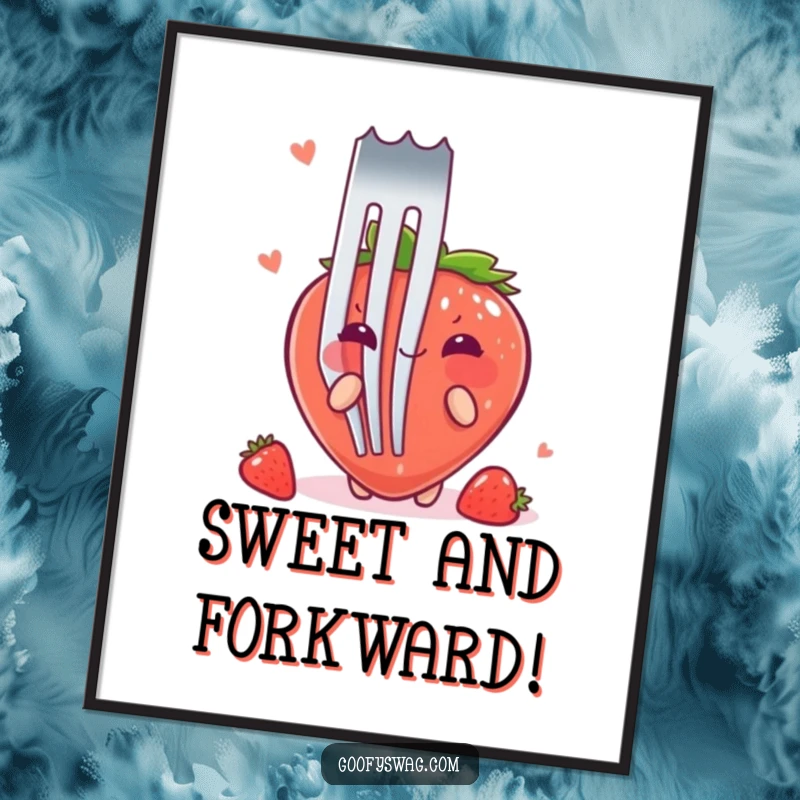 Funny Free Printable Wall Art: A blushing strawberry peeks shyly from behind a giant fork, creating a humorous scene.