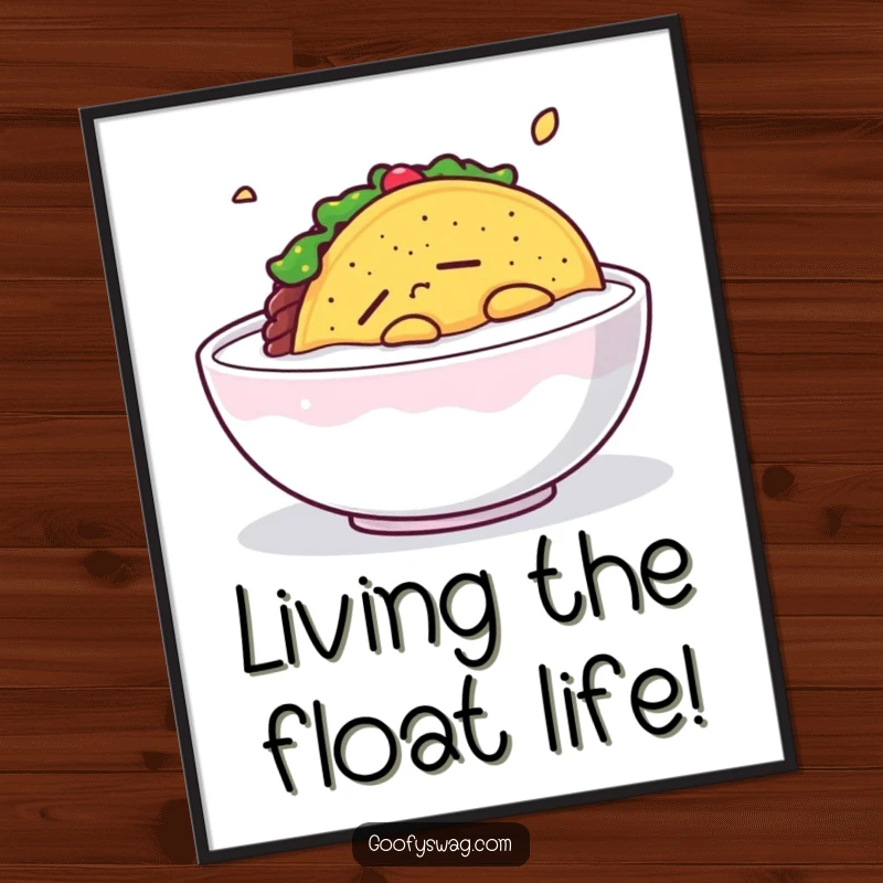 Funny Free Printable Wall Art: A taco floats blissfully in milk, embodying peaceful and quirky relaxation.