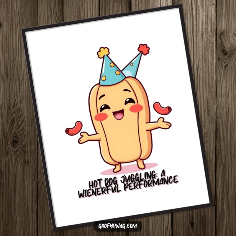 Funny Free Printable Wall Art: A grinning hot dog wearing a party hat, masterfully juggling small sausages, quirky art.