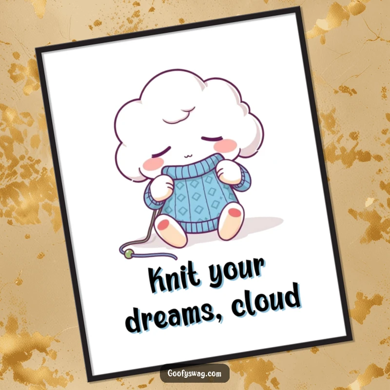 Funny Free Printable Wall Art: A sleepy cloud peacefully knitting a tiny sweater, emitting calm.
