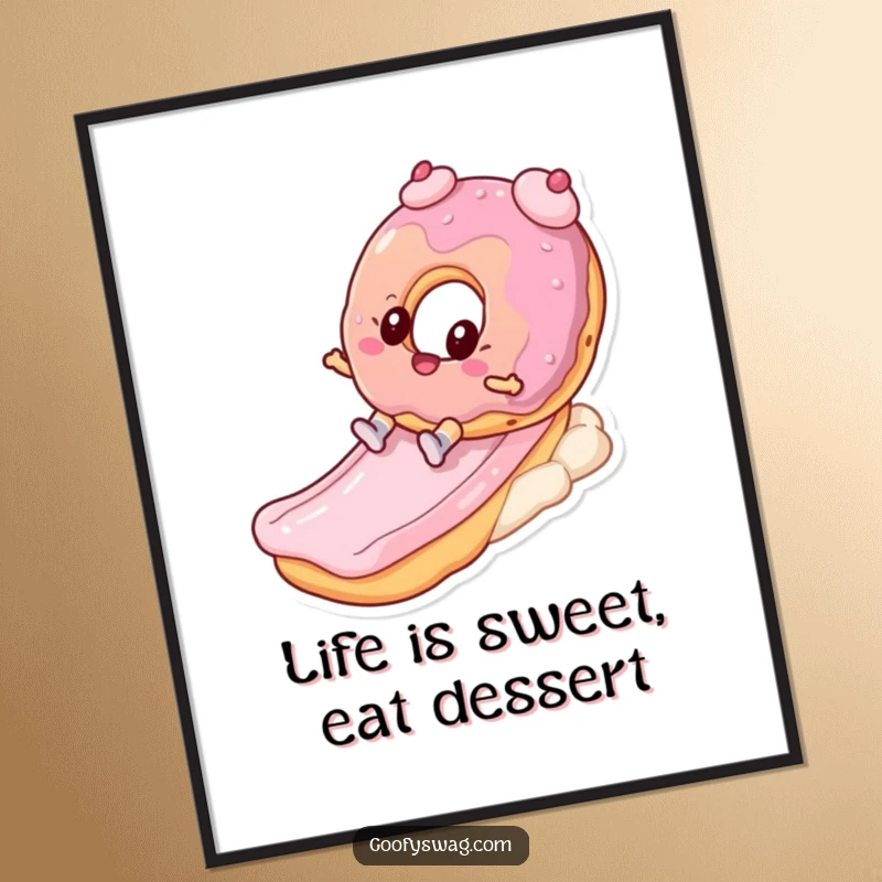 Funny Free Printable Wall Art: Playful donut character zooming down a vibrant, sugary frosting slide. Whimsical and fun.