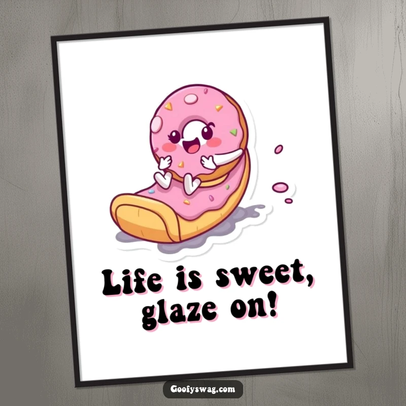 Funny Free Printable Wall Art: A happy donut character slides down a colorful frosting slide, bringing playful vibes.