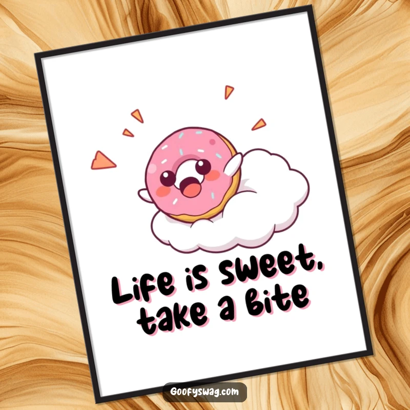 Funny Free Printable Wall Art: A surprised donut character falling off a cloud with a happy yelp.