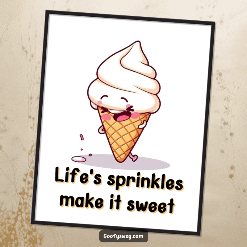 Funny Free Printable Wall Art: Clumsy ice cream cone character trips over its own sprinkle, sweet downloadable art.