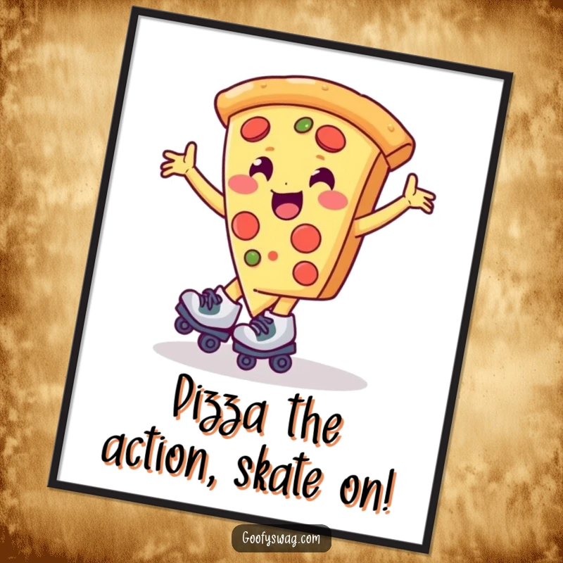 Funny Free Printable Wall Art: A vibrant illustration of a pizza slice roller skating and spinning, bringing laughter to any space.