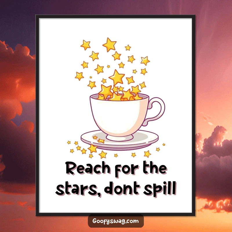 Funny Free Printable Wall Art: A teacup spills a dazzling shower of stars, creating celestial magic.