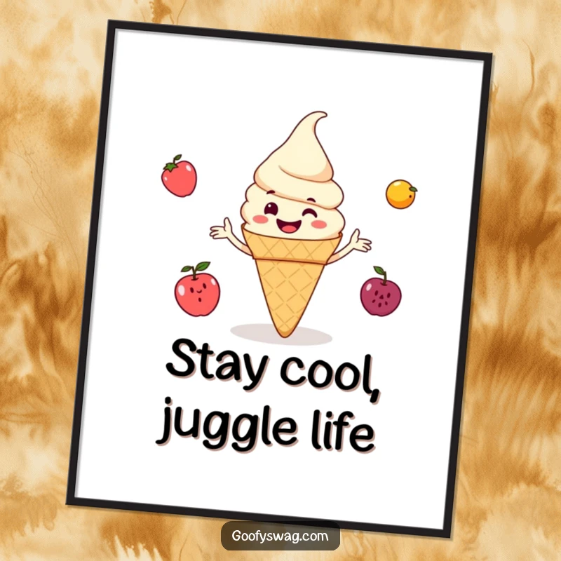 Funny Free Printable Wall Art: Grinning ice cream cone masterfully juggling small fruits.