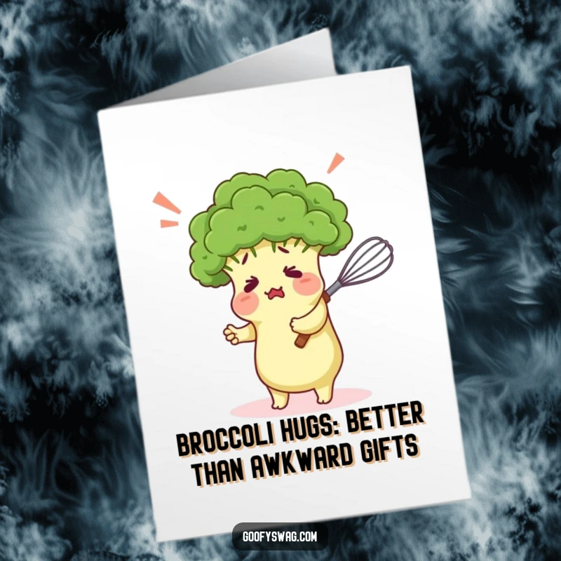 Funny Free Printable Birthday Card featuring a bewildered broccoli flaret comically embracing a kitchen whisk, perfect for a laugh.